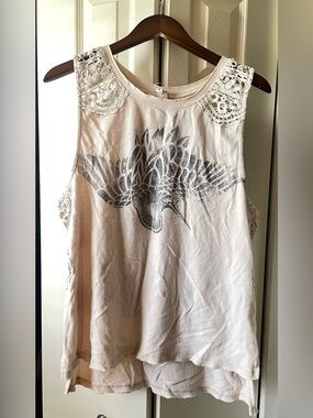 We The Free Crochet Shoulder Graphic Tank - White with Black Print